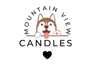 Logo of Mountain View Candles with a cartoon dog holding a candle.