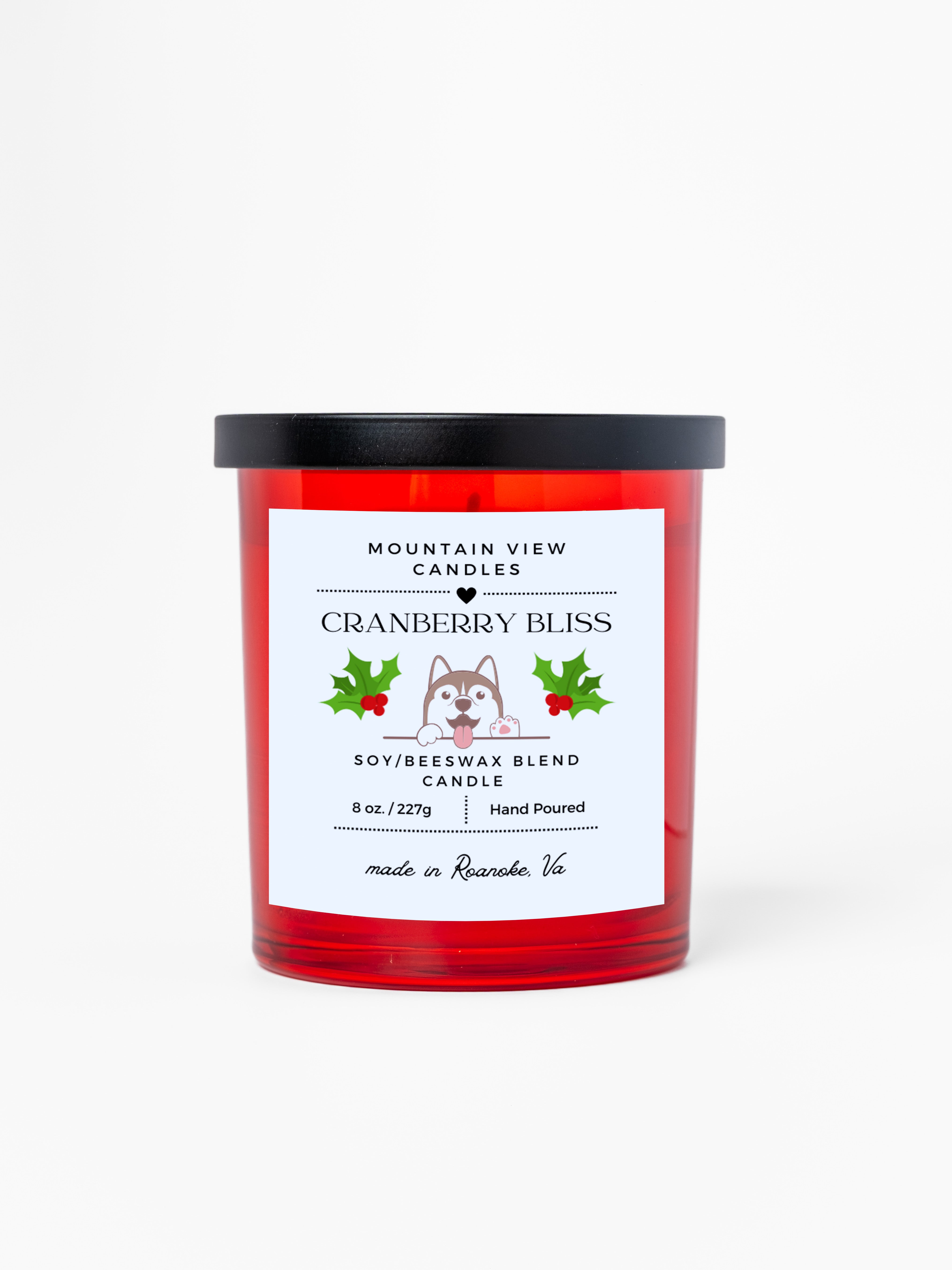 Cranberry Bliss candle with a red label on a white background