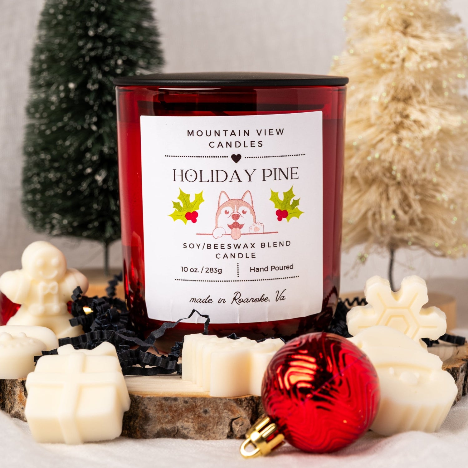 Mountain View Candles Holiday Pine candle with Christmas decor in the background