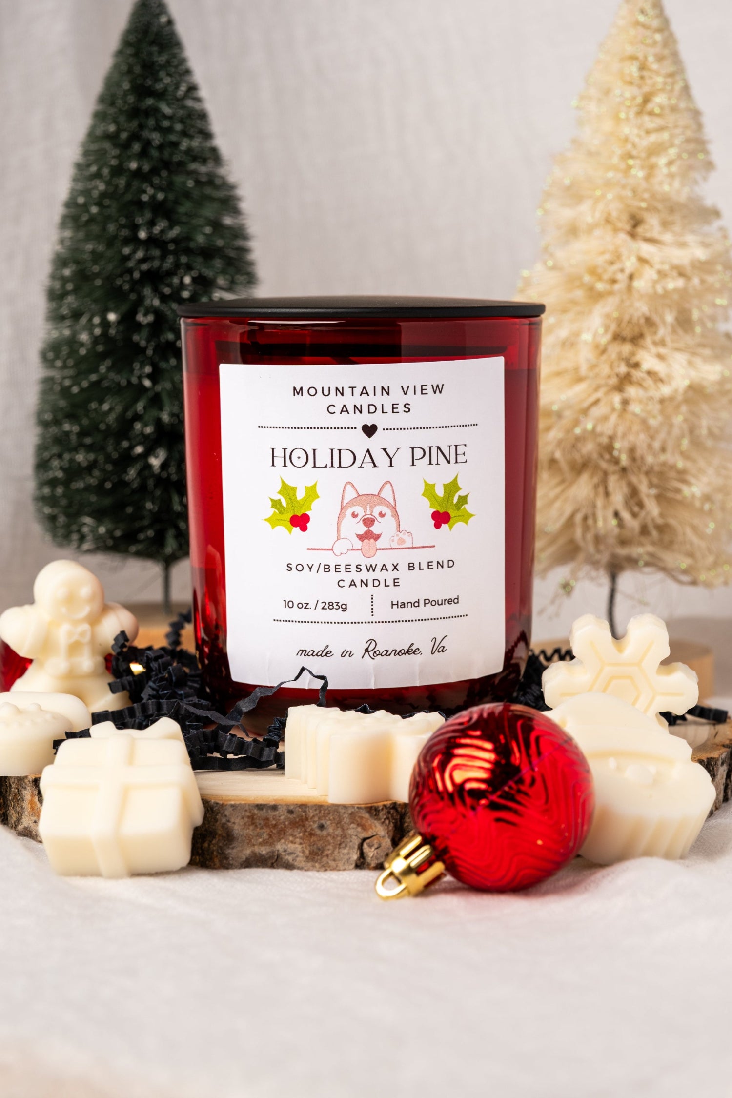 Mountain View Candles Holiday Pine candle with Christmas decor in the background