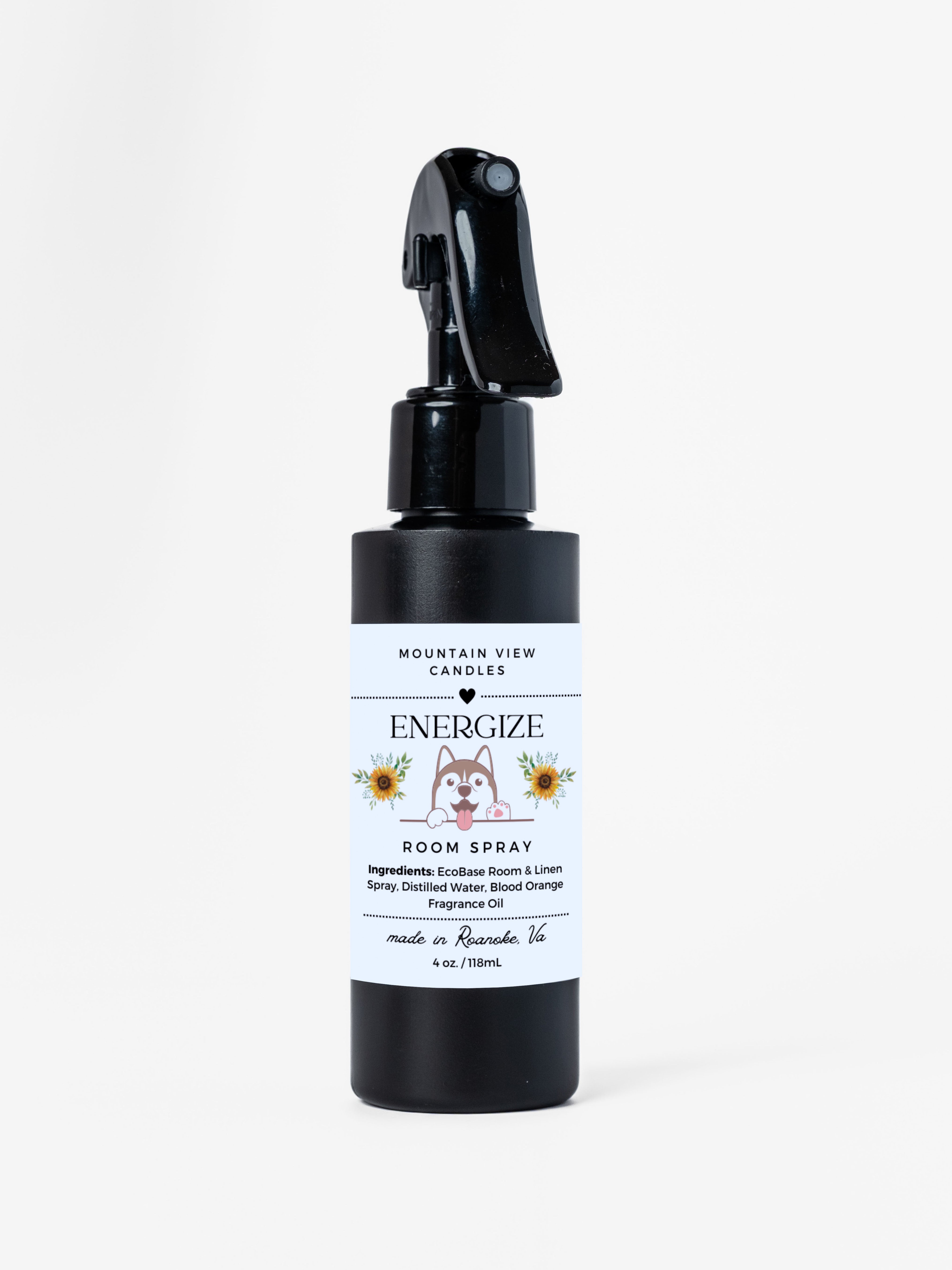 Black room spray bottle with a label on a white background