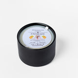 Black candle with a white label on a white background