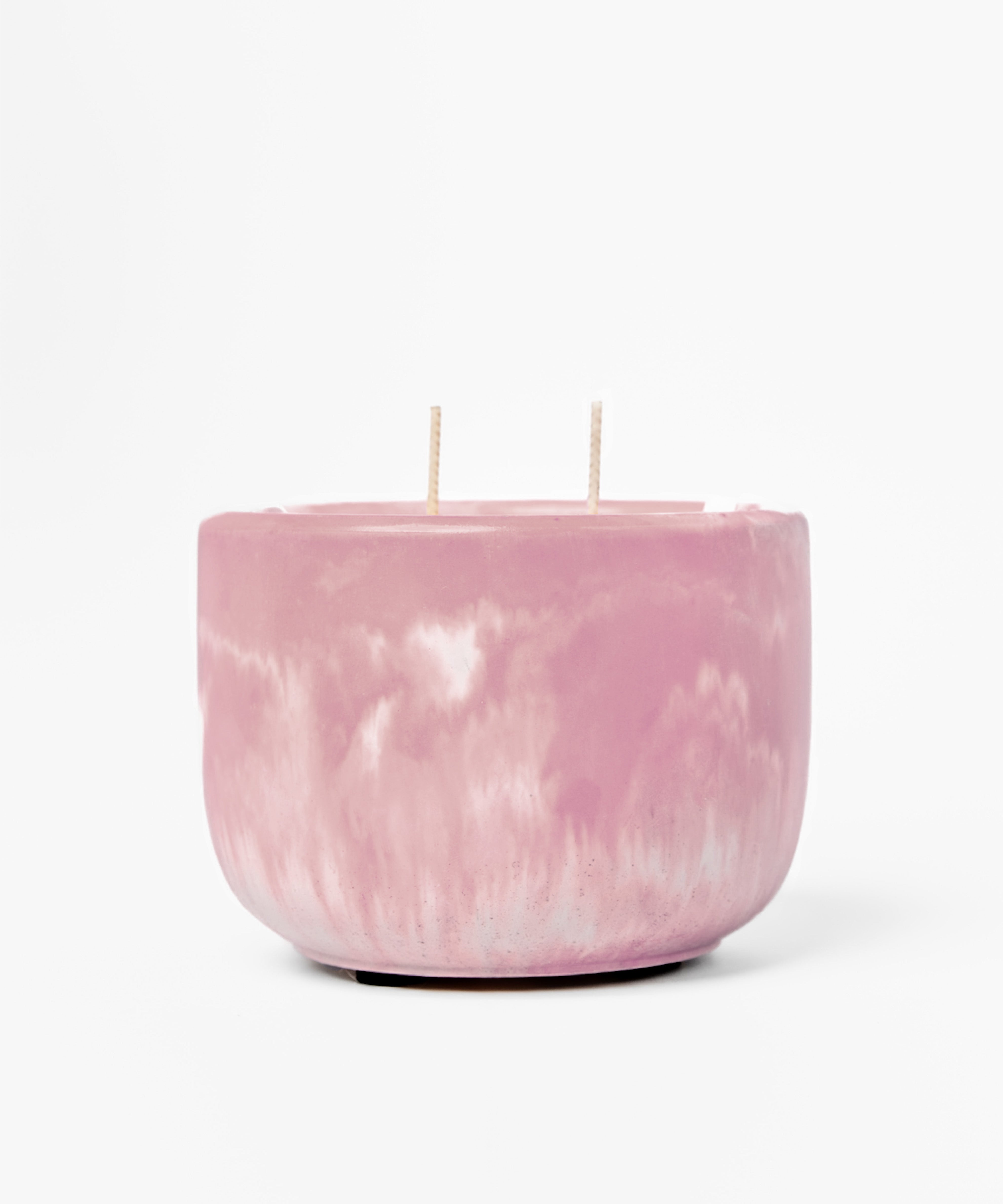 Mulberry marbled candle with two wicks on a white background