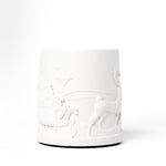 White ceramic vase with embossed design on a white background
