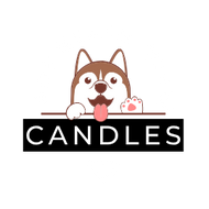 Dog holding a sign with 'CANDLES' on a white background